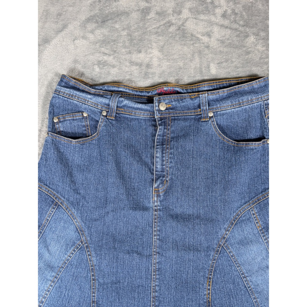 Goddess Jeans Size 18 Denim Midi Skirt Blue Frayed Hem Y2K Paneled Mermaid VTG - Picture 3 of 13